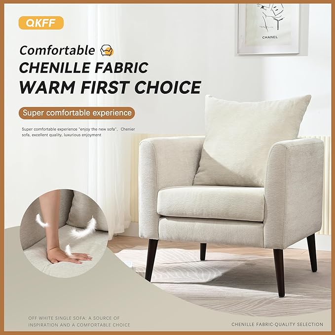 QKFF Barrel Accent Chair with Back Pillow, Large Upholstered Armchair with Solid Wood Legs Modern Reading Chairs for Living Room Bedroom
