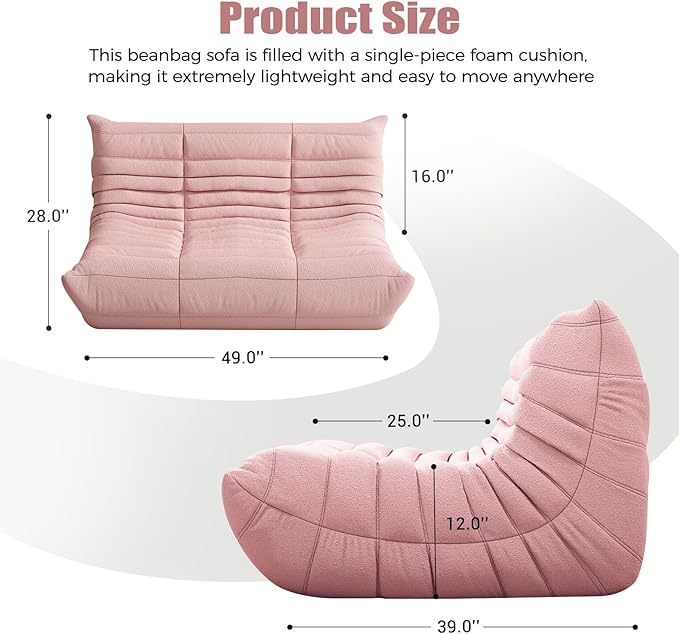Selyteramy Bean Bag Chairs for Adults, Giant Bean Bag Chair Sofa with Memory Foam, Comfy Beanbag Loveseat Lazy Sofa for Living Room, Bedroom, Apartment, Pink