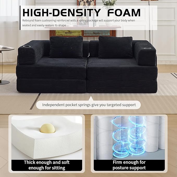 78" Loveseat Sleeper Sofa, 4 in 1 Convertible Floor Sofa Bed, Boneless Cloud Couch with Cup Holder, Fold Out Floor Couch for Living Room Bedroom Lounge, Corduroy, Black