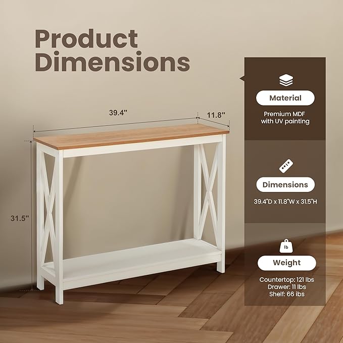 PHI VILLA White Entryway Table, Farmhouse Console Table Narrow Sofa Table Hallway, Ivory Skinny Entry Table