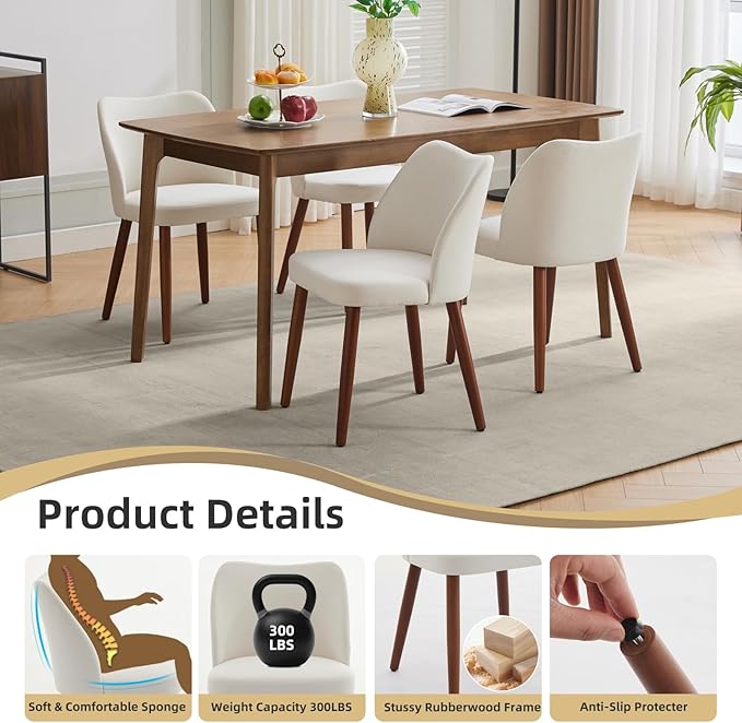 ElfinAura Dining Chair Set of 6, Linen Upholstered Dining Chair with Solid Wood Legs, Wing Backrest, Wooden Kitchen Chair, Kitchen Chairs with Thick Cushions for Dining Room, Living Room, White