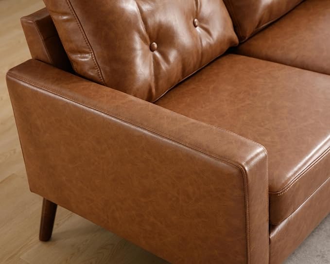 VESCASA 53" W Faux Leather Loveseat Sofa with Button Tufted Back, Mid Century Modern Upholstered 2 Seater Small Sofa Couch with Wood Legs, PU Leather Love Seats for Living Room/Bedroom, Caramel