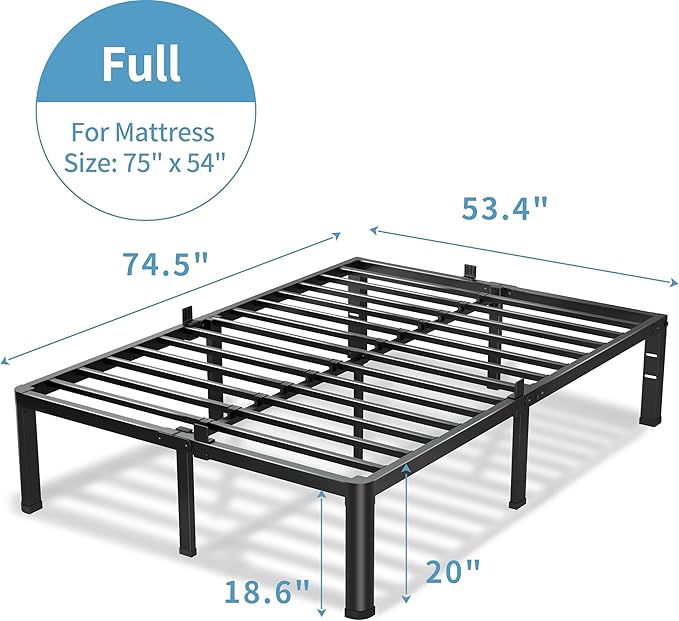 VIPSHOW 20 Inch Full Size Bed Frame, 3500Lbs Heavy Duty Metal Platform with Round Corner Legs Mattress Slide Stopper, Steel Slat Support No Box Spring Needed, Noise Free, Non-Slip, Easy Assembly