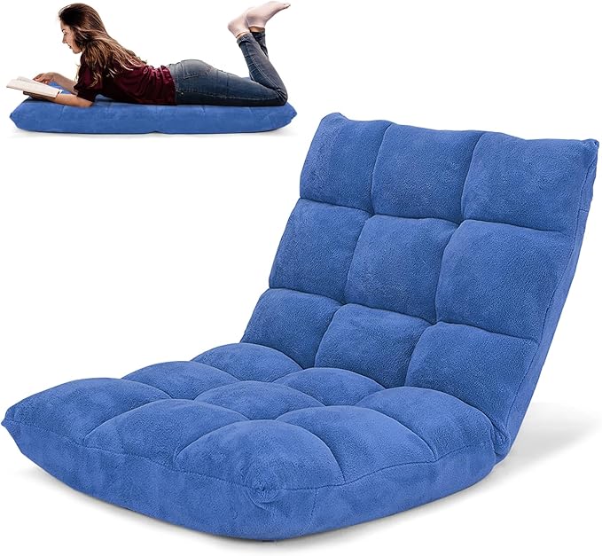 COSTWAY Floor Chair, Video Gaming Chairs with Back Support, Adjustable 14-Position, Alloy Steel Frame, Soft Coral Fleece, Lazy Sofa Lounge for Reading Living Room Recliner for Adults Kids (Blue)