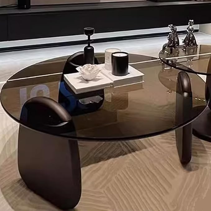 EASYSOUL Modern Round Coffee Table with Glass Top, 27.56" D x 27.56" W x 14.69" H, Circular Tea Tables for Living Room Home Office Industrial Cocktail Tables (Black-Grey Glass/27.56")