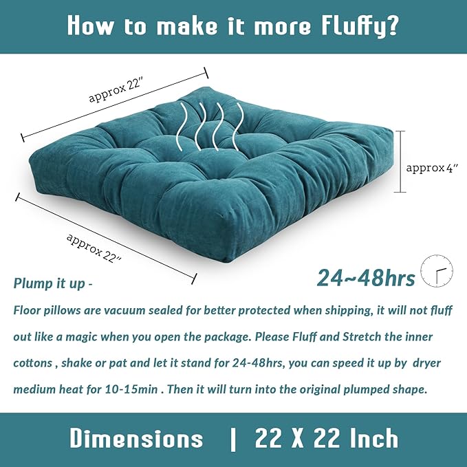 Square Floor Seat Pillows Cushions 22" x 22", Soft Thicken Yoga Meditation Cushion Pouf Tufted Corduroy Tatami Floor Pillow Reading Cushion Chair Pad Casual Seating for Adults & Kids, Turquoise
