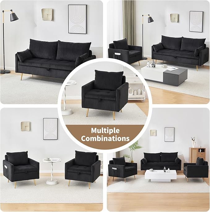 Furnimart 3-Seater Storage Sofa and Couch, Corduroy Loveseat with Accent Single Chair, Small Living Room Furniture Set for Apartment, Tiny Homes and Lofts, 2PC-Black