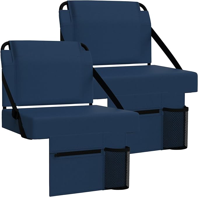 2pcs Stadium Seat for Bleachers with Back Support，Portable Bleacher Chairs with Back and Cushion，Includes Shoulder Strap and Cup Holder