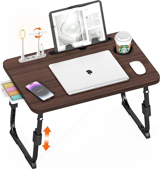 DECOSIS Laptop Desk for Bed Height Adjustable, Lap Bed Table with USB/Storage Drawer/Cup Holder/Tablet Stand/Book Shelf, Foldable Breakfast Tray Portable for Reading Writing, Sofa & Floor, Walnut