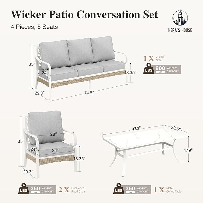 HERA'S HOUSE 4-Piece Patio Furniture Set with Metal & Rattan Design, Includes 2 Fixed Chairs, 3-Seat Sofa & Marble Coffee Table, All-Weather Outdoor Conversation Set for Garden Backyard, Grey