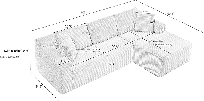 Vanress Cloud Couch Sectional, Corduroy Boneless Couch with L-Shape Chaise, Modern Modular Sectional Sofa Comfy Deep Seat for Living Room, Bedroom, No Assembly (White, Right Facing Chaise)