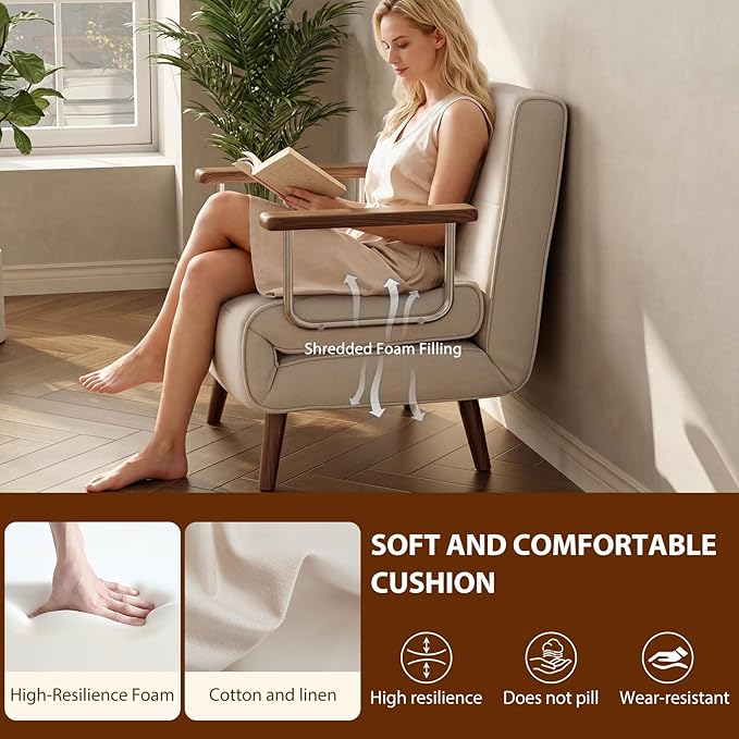 TIMBERKNOWS SUIYIMU Folding Chair Bed, 3-in-1 Convertible Sleeper Chair Bed, Futon Chair with 6-Level Adjustable Backrest for Guest Room Apartment Dorm, Cream Beige-Walnut