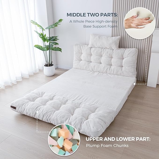 MAXYOYO Bean Bag Bed Tufted Folding Sofa Bed with Pillows Floor Mattress for Adults, Extra Thick and Long Floor Sofa, Twin Floor Couch Bed for Bedroom Living Room, Beige, 39x91 Inch