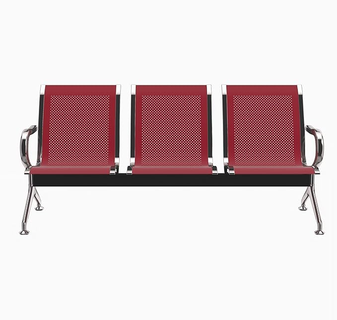 Kinfant 3-Seat Waiting Room Chair - Office Guest Reception Chairs with Ergonomic Backrests, Airport Waiting Bench with Armrests, Metal Waiting Furniture for Hospital, Bank, Salon, Dark Red