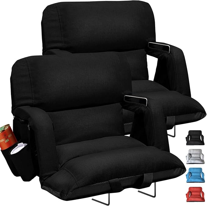 Wide Stadium Seats With Back Support 2 Pack, Exclusive "Sofa Style" Design Extra Thick Bleacher Chairs With Back and Cushion, 6 Reclining Positions - Ultimate Comfort for Sports Events (Black, 22.5")