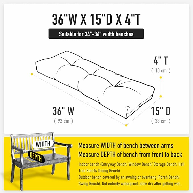 SUNROX LokGrip Non Slip Tufted Memory Foam Bench Cushion, FadeShield Water Resistant Durable Thicken Outdoor/Indoor Bench Seat Pads 36x14x4 inch, Heather Indigo