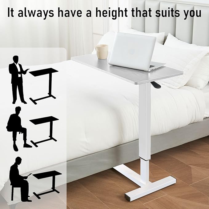 Overbed Table with Swivel Hidden Wheels Adjustable Height, Pneumatic Mobile Standing Desk Laptop Bedside Table Multi-Purpose for Home and Hospital Use (White)