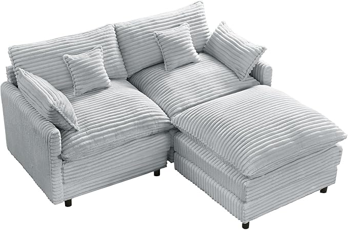 HYJT-H&K 74" L Shaped Cloud Couch Modular Small Sectional Couches for Living Room Small Spaces, Comfy Fluffy Corduroy Cloud Loveseat with Ottoman 3 Seat Sectionals Sofa, Grey