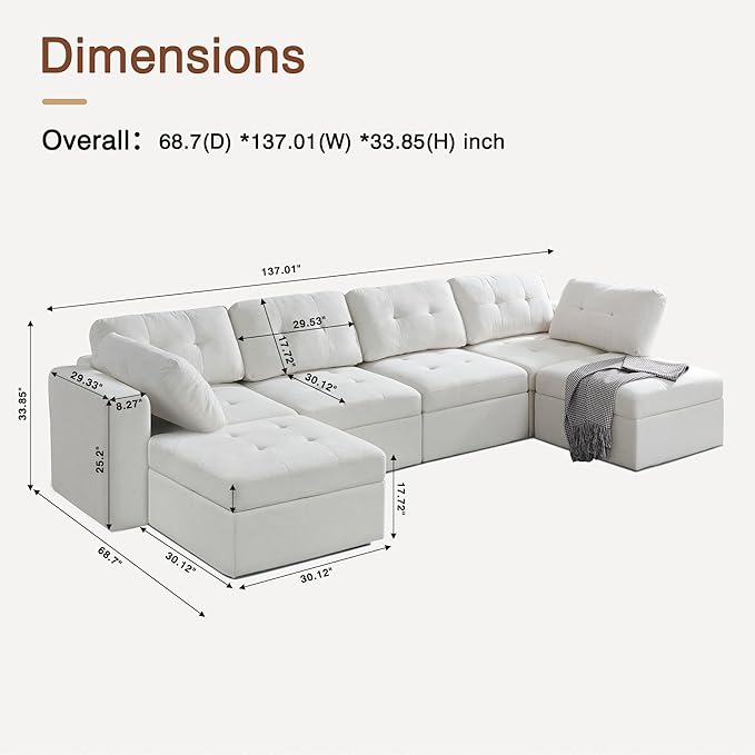 ORRD Oversize Modular Sectional Couch, Convertible U Shaped Sofa with Storage, 6 Seater Sofa Modular with Ottomans and Reversible Chaise for Living Room, Office (Beige White)