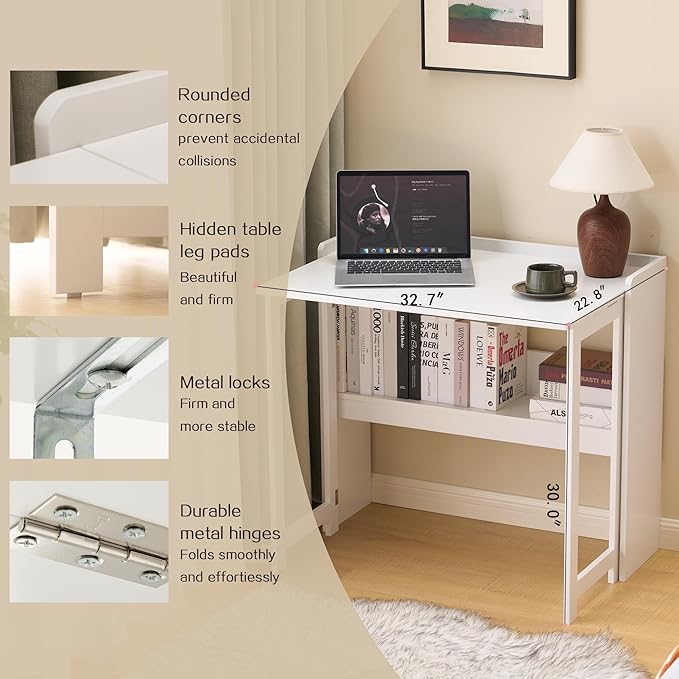 KEIKI 32.6" Folding Table with Storage Shelf, Foldable Computer Desk for Small Spaces, Space-Saving Study Table for Bedroom Home Office Dorm and Apartment, Ancient White