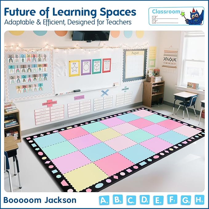 Booooom Jackson 7'6''x13' Pastel Seatings Classroom Rug for Kids Room Seating Décor - Thick Nylon Large Preschool Carpet Daycare Rug for Teaching & Playroom, Non-Slip &No Triping,20X Stain Resistance