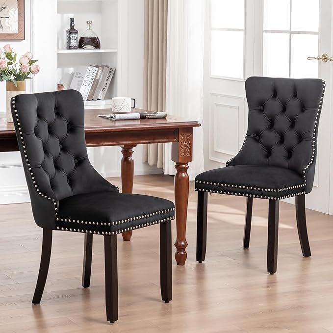 Kiztir Velvet Dining Chairs Set of 2, Upholstered Dining Room Chairs with Ring Pull Trim and Button Back, Luxury Tufted Modern Dining Chair for Living Room, Bedroom, Kitchen (Black)