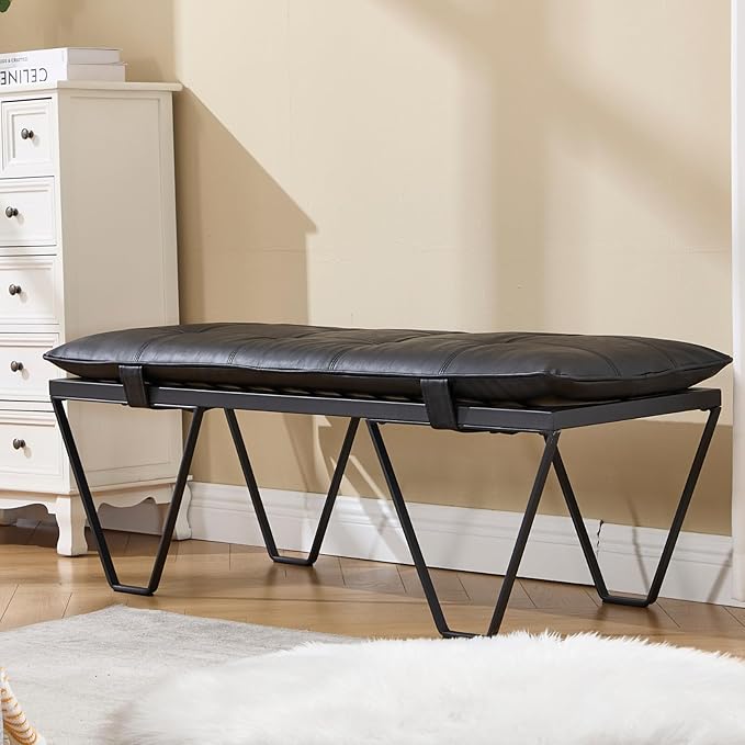 RIVOVA Modern Removable Tufted Upholstered Entryway Bench, 48-Inch Contemporary Indoor Ottoman Bench with Slatted Metal Frame, Black Leather Bench for Bedroom End of Bed, Dining, Hallway, Living Room