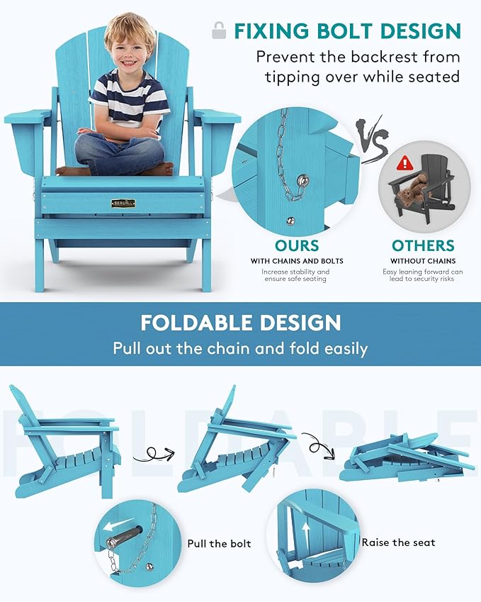SERWALL Folding Adirondack Chair Weather Resistant Patio Chair Outdoor Chairs Set of 6 Painted Adirondack Chairs - Light Blue