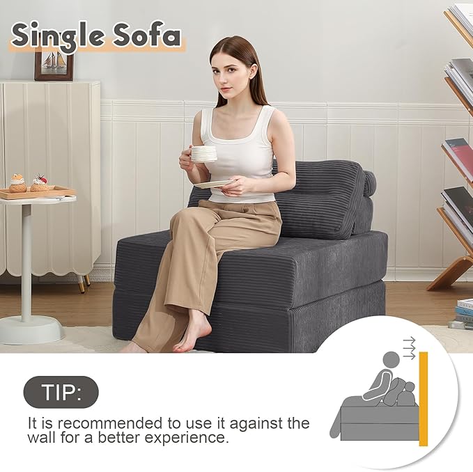 MeMoreCool Folding Sofa Bed Single – Convertible Sleeper Chair & Fold-Out Floor Lounge, Dark Grey Corded Fabric, Includes Headrest & Lumbar Pillow