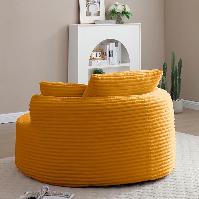 53"W Oversized Round Chaise Longue Chair Indoor,Corduroy Fluffy Comfy Cloud Chair,Circle Bean Bag Sofa with Foam Filling & Pillows,Boneless Reading Cozy Sofa Chairs for Living Room,Bedroom,Yellow