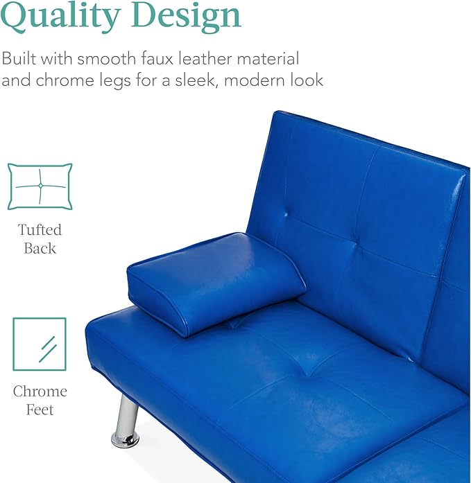 Best Choice Products Faux Leather Upholstered Modern Convertible Futon, Adjustable Folding Sofa Bed, Guest Bed w/Removable Armrests - Royal Blue