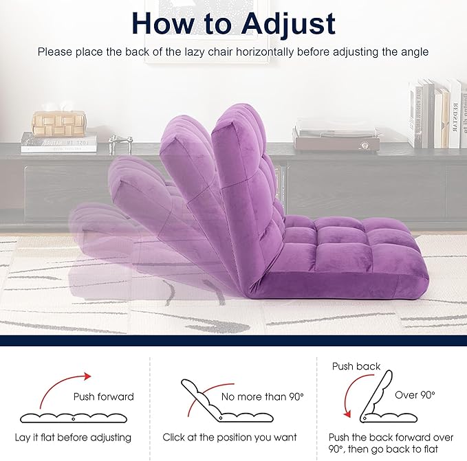 Floor Chair, 24 inches Wide Oversized Velvet Armless Lay Flat Floor seat Padded Meditation Chair with 6 Adjustable Position Ergonomic Comfortable Convenient(LRSF-009-PURPLE)