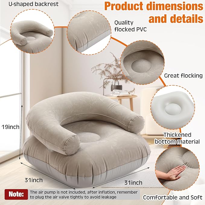 Threehoney 2 Pcs Inflatable Lounge Chair Deck Chair Lazy Sofa, Blow Up, Folding, Portable Couch for Home, Office Balcony, Floor Seating (Beige,Dark Grey)