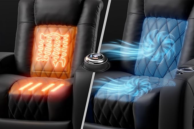 Valencia Tuscany Home Theater Seating Semi-Aniline Italian Nappa 20000 Leather Ultimate Luxury Heat & Ventilation Power Recliner Power Lumbar and Headrest (Row of 4 Loveseat Center, Onyx)
