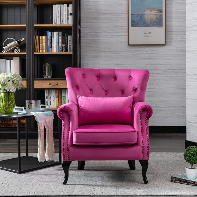 LZAREAL Accent Reading Arm Chairs Set of 2 for Living Room Bedroom, Midcentury Modern Comfy Corner Sofa Chair, Wingback Waiting Room Club Chair with Button Tufted Back &Lumbar Pillow, Velvet Rose