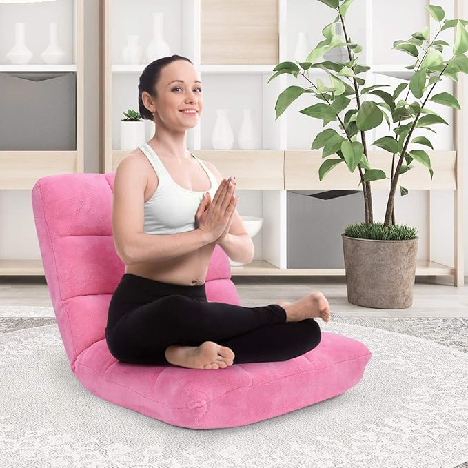 Floor Chair with Back Support, Foldling Gaming Sofa Chair with Comfy Cushion, Adjustable 14-Position Meditation Chairs, Lazy Lounge Recliner Reading Seat for Adults, Kids (Pink)