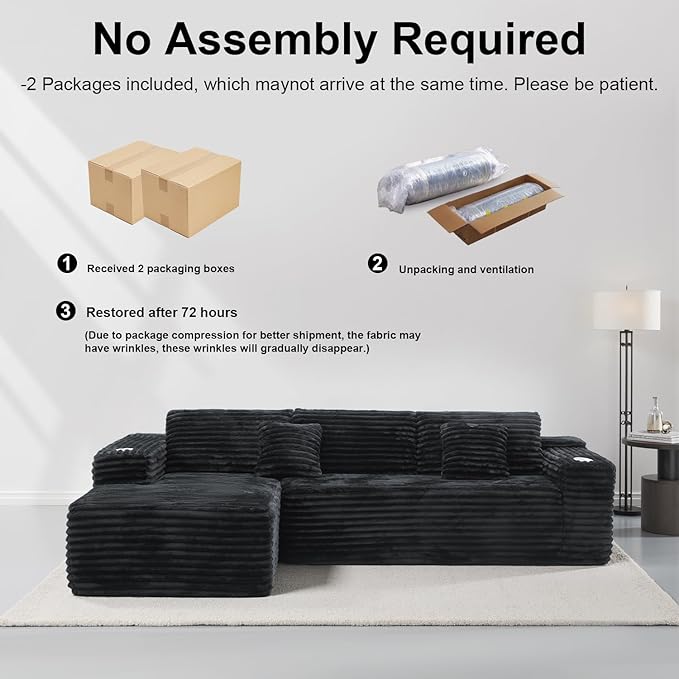 Cloud Sectional Couch with L-Shape Chaise, Modern Modular Sofa with Deep Seat, Built-in Cup Holder & Storage Pocket for Living Room Bedroom, No Assembly Required (Black Grey, Right Sitting Chaise)