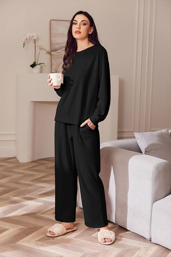 Ekouaer Womens Tracksuits 2 Piece Long Sleeve Outfits Micro Fleece Sweatsuit Sets Wide Leg Sweatpants