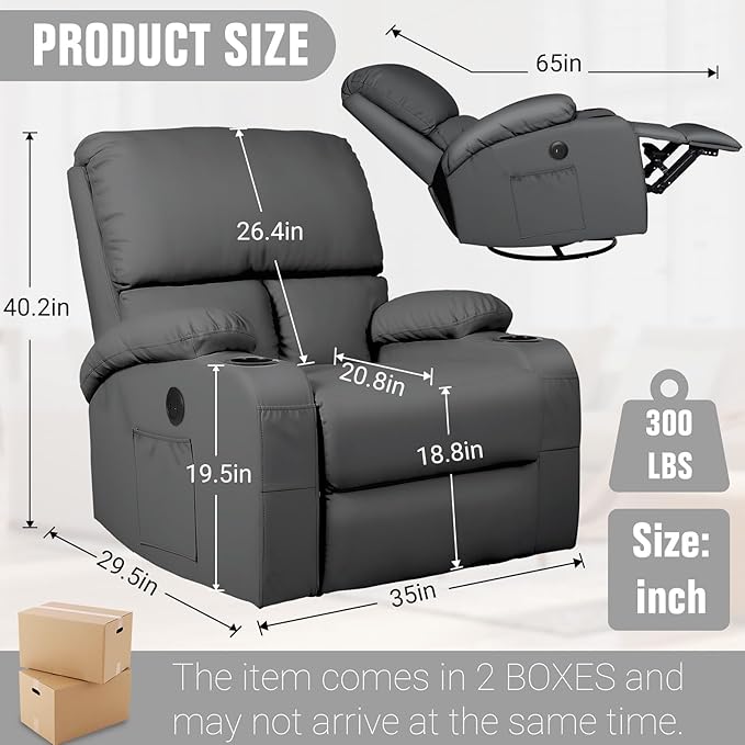 LAFWELL Rocking Recliner Chair, Massage Rocker Recliner Chair with Vibration Massage and Heat, USB and Type-C Ports,360° Swivel Faux Leather Chairs, Living Room, Bedroom, Nursery, RV, Dark Grey