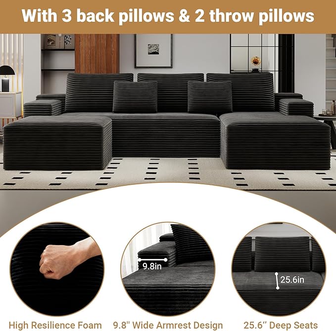 KAPEETOO U Shaped Modular Sectional Sofa with Right Chaise Ottoman, Boneless Couch with Deep Seat, Oversize 3-Seater Sofa U Shaped Set for Living Room Bedroom (Black)