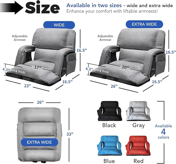 Wide Stadium Seats With Back Support 2 Pack, Exclusive "Sofa Style" Design Extra Thick Bleacher Chairs With Back and Cushion, 6 Reclining Positions - Ultimate Comfort for Sports Events (Grey, 22.5")