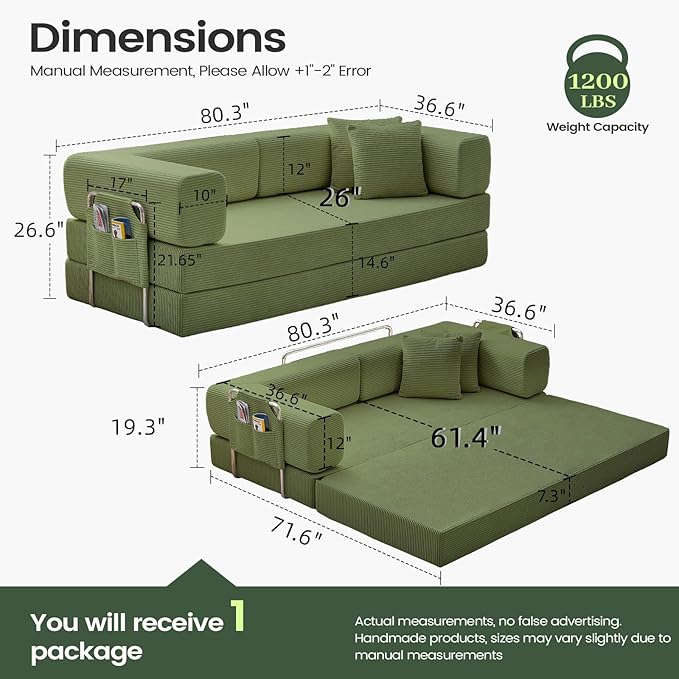 multi-functionalcorduroy sofa bed, crafted from corduroy fabric, is ideal for apartments and living rooms. sleeper sofa couch folding futon or foldable floor convertible floor studio (green, 80.15") | Multi-functional