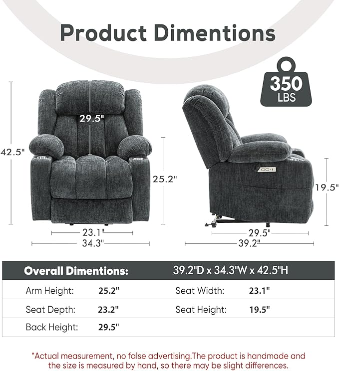 ABCASA Large Power Lift Chairs Recliners for Elderly Set of 2 with Heated and Massage, Upgraded Chenille Lift Chairs Recliners, USB-A and USB-C, Cup Holder, Side Pocket, Grey Blue