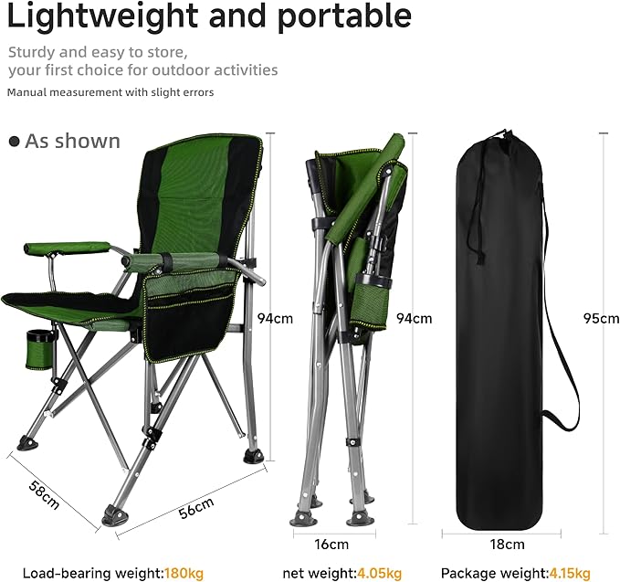 Folding Camping Chair with Cup Holder and Storage Bag, Heavy Duty Support 400 LBS, Oversized Collapsible Portable Camping Chair for Outdoor Camp, Picnic, Travel, Fishing Green