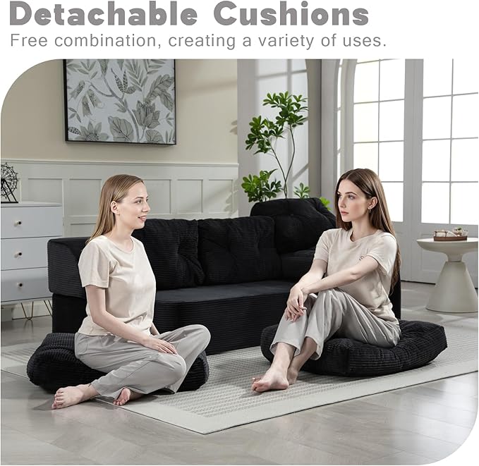 MeMoreCool Cloud Floor Sofa – 3-Seater Convertible Couch Bed, Tufted Corduroy, Black No Assembly | Modular Cushion Design | Compressed in a Box | Comfy for Living Room or Bedroom