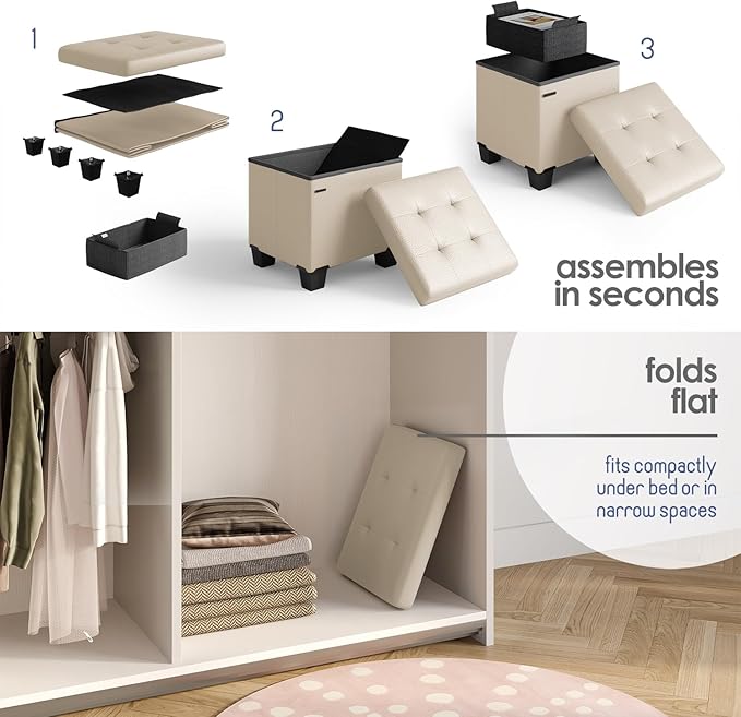 Storage Ottoman Cube with Small Bin, 16-in Square Ottoman with Storage for Living Room and Bedroom, Small Ottomans Foot Rest, Faux Leather Foot Stools Ottomans Max 330lbs, Beige