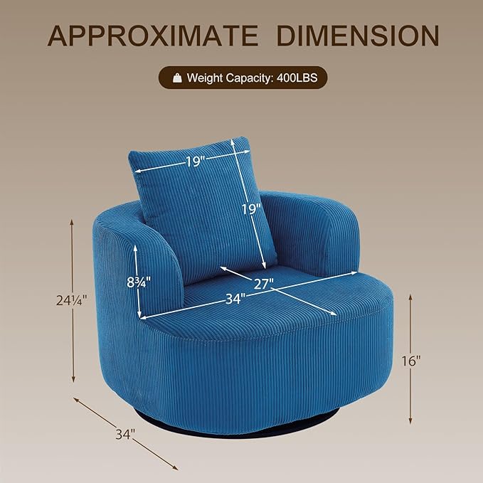 Furnimart 360° Swivel Boneless Chair, Round Corduroy Barrel Accent Chair Upholstered Comfy Lounge Chair, No Assembly Wide Seat for Living Room, Bedroom, Apartment (Blue)