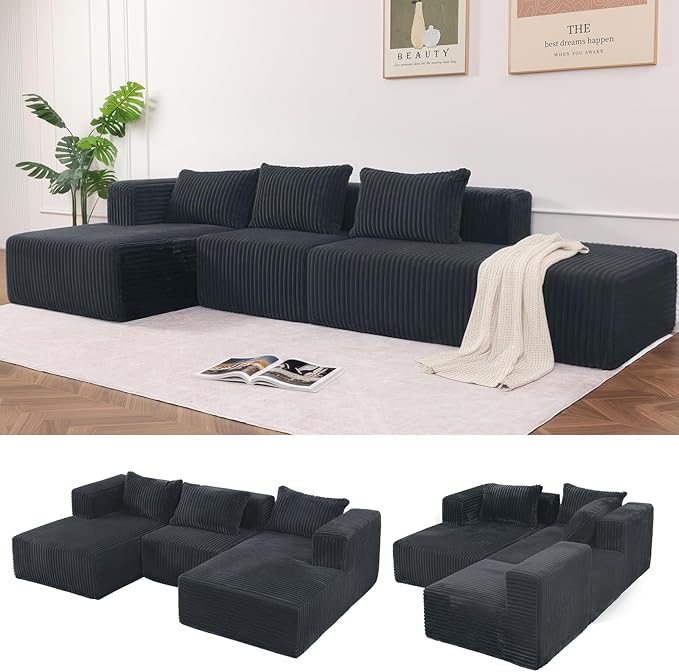 Favoduerme 117” Modular Sectional Cloud Couch with L-Shape Chaise Lounge, Boneless Convertible Sofa for Living Room or Apartment, Plush Corduroy 4-Seater Couch, No Assembly Required, Dark Grey | Pet Friendly, Breathable Fabric