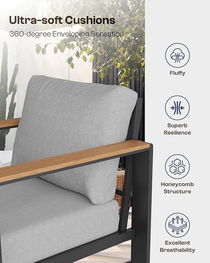 Oasbira Aluminum Outdoor Patio Furniture Set with Coffee Table, 7 Piece Patio Conversation Sets with Thick Cushion, Ottomans, Patio Sectional Furniture Set for Porch, Balcony, Deck, Yard, Gray