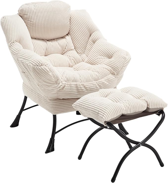 KEIKI Accent Chair with Storage & Ottoman, Flannelette Reading Corner Lazy Chairs w/Steel Frame, Comfy Lounge Arm Chair W/Footrest, Leisure Sofa Armchair for Living Room, Bedroom, Easy Assembly, White